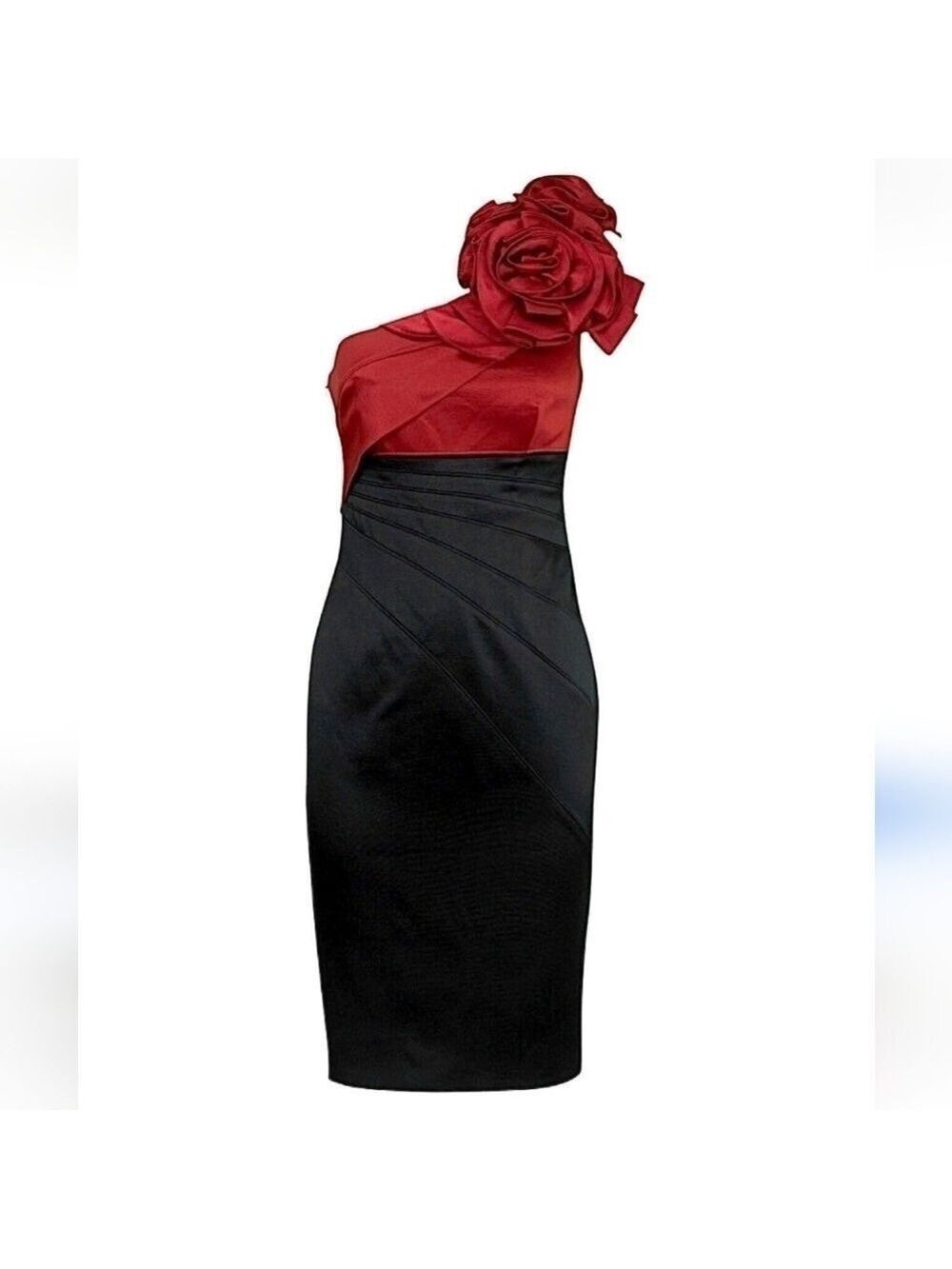 NWT KAREN MILLEN |Black Red Rose Corsage One Shoulder Cocktail Pencil Dress sz 4